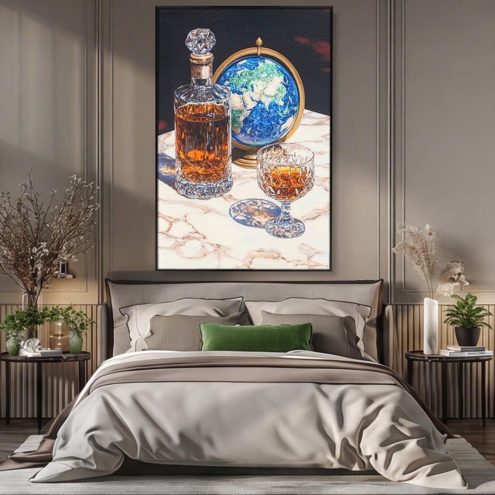 Tablou canvas cu tablou canvas cu sticla de whisky si glob pamantesc, in rama de aluminiu negru, pe perete intr-un dormitor